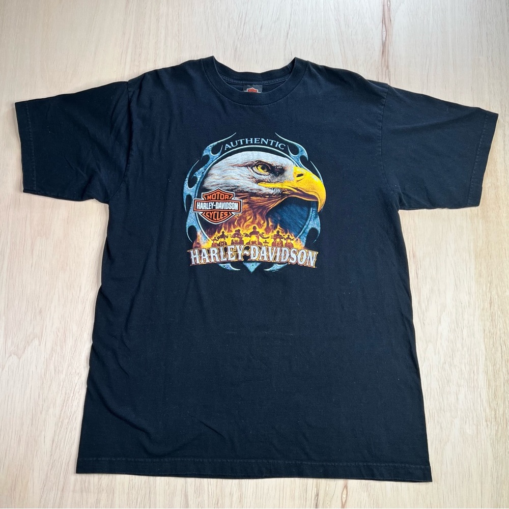 Harley Davidson Motorcycles Black T Shirt Bald Eagle Flaming Daytona Beach FL